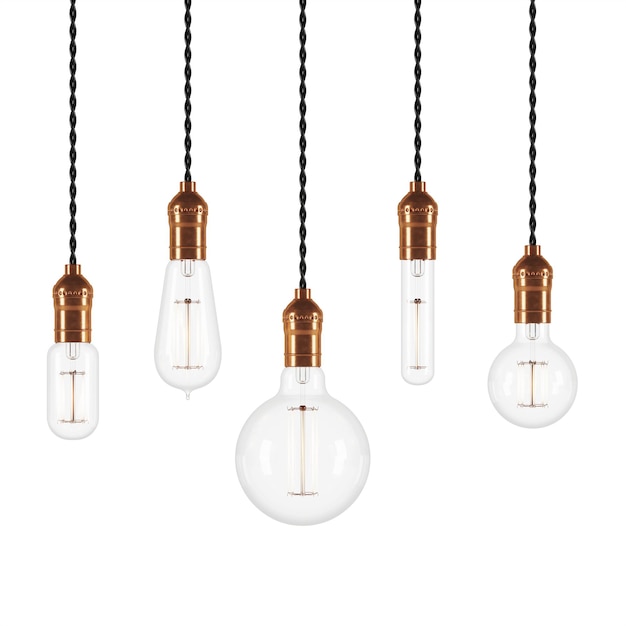 Photo set of vintage glowing light bulbs on white background. 3d rendering.