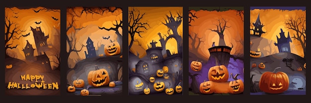 Set vintage greeting cards posters scary gothic pumpkin dark tree branches