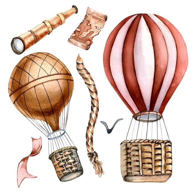 Set of vintage hot air balloons watercolor illustration isolated