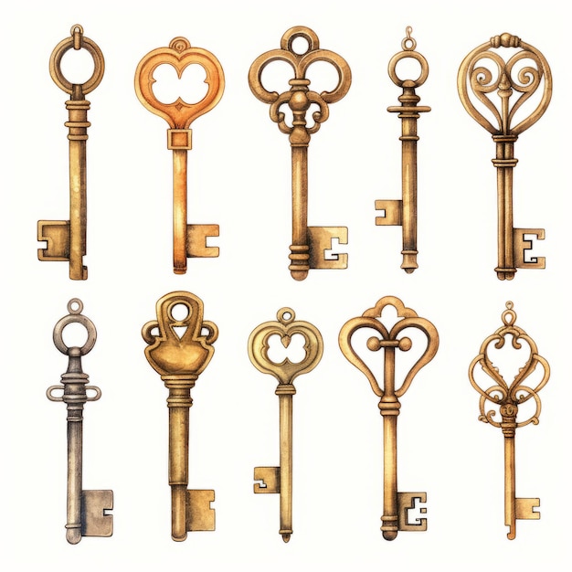 Set of vintage keys isolated on white background Hand drawn illustration