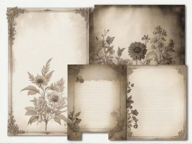 set of vintage painted papers botanical elements