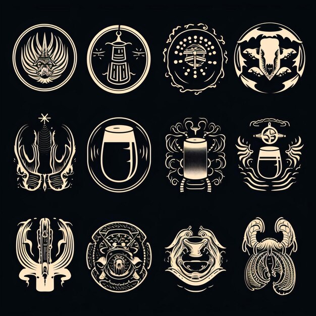 Photo set of vintage tattoo emblems labels badges and design elements