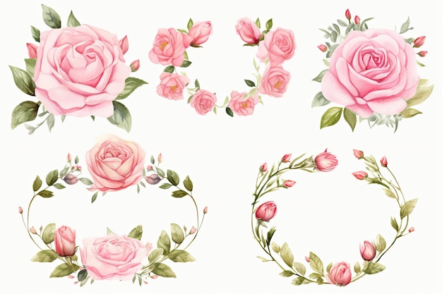 Foto set di cornici floreali in acquerello vintage con rose rosa foglie e rami ghirlande cornici floreali in acquerello fiori rose rosa illustrazione dipinta a mano ai generato