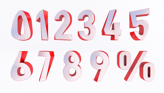 Set of volumetric 3D numbers and percent sign. 3D rendering