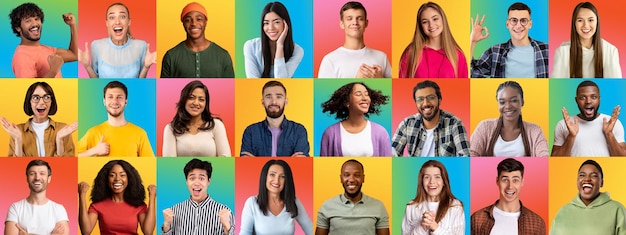 Foto set vrolijke multi-etnische mensen die positieve emoties delen