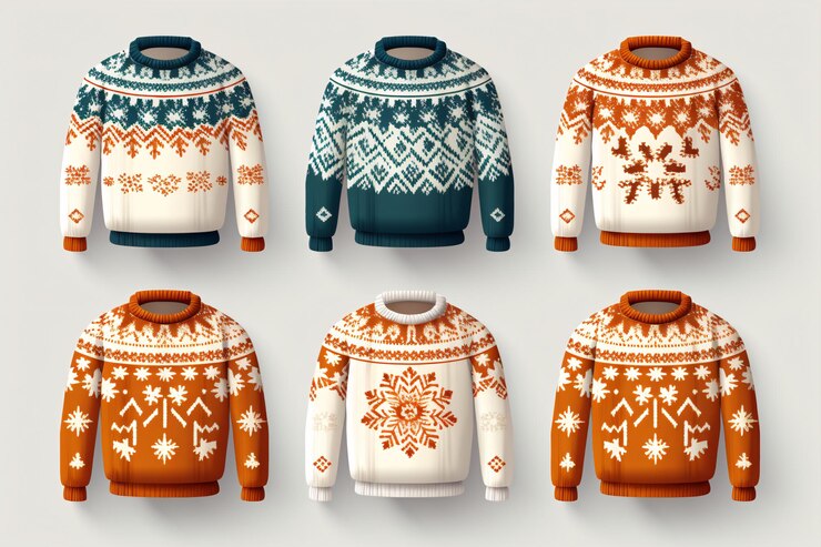 Photo set of warm christmas sweaters on white background banner design