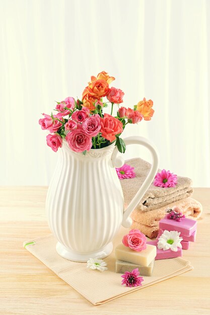 Set for washing face on table on light background