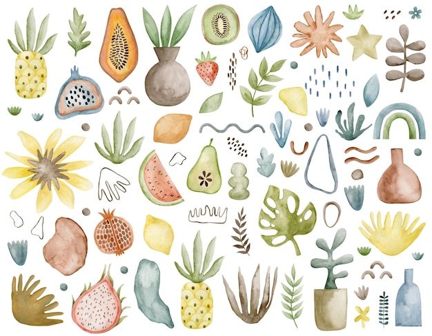 Set of watercolor abstract illustrations, fruits, plants, rainbow, modern elements.