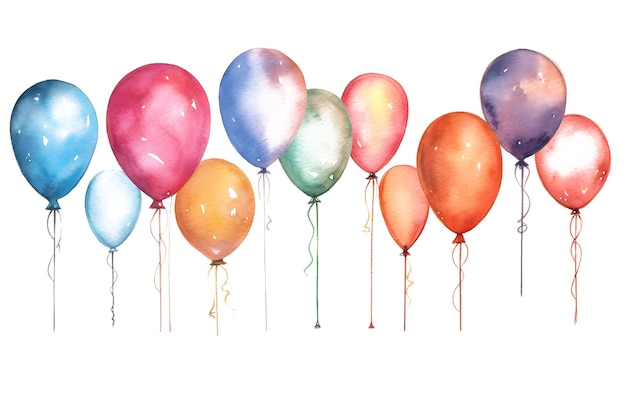 Set of watercolor air balloons isolated on white Colorful hand painted greeting elements illustration Generative ai