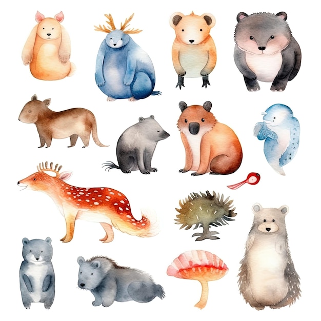 Photo set of watercolor animals on an isolated white background