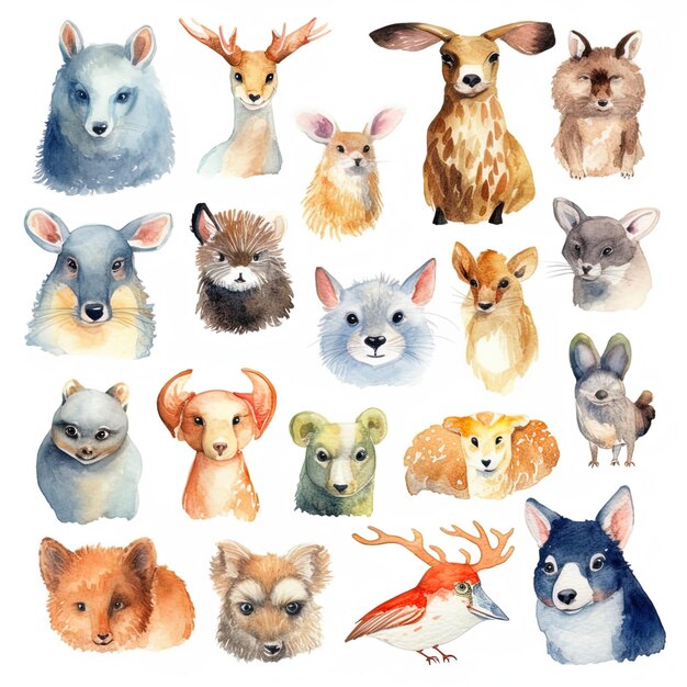 set of watercolor animals on an isolated white background