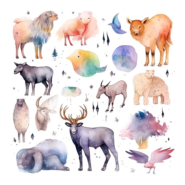 set of watercolor animals on an isolated white background