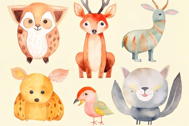 set of watercolor animals on an isolated white background
