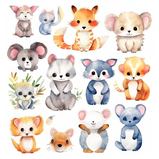 set of watercolor animals on an isolated white background