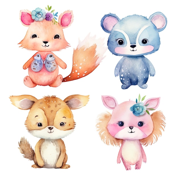 set of watercolor animals on an isolated white background