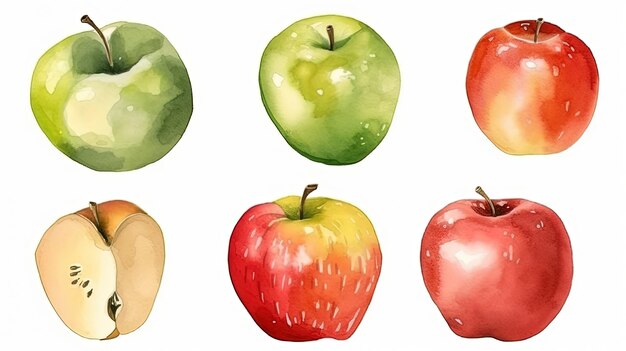 Set of watercolor apples generative ai