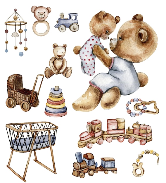 Set of watercolor baby toys and teddy bear Wood kids toys watercolor hand drawn