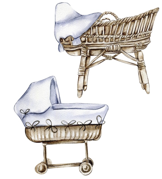 Set of watercolor baby wicker cradle Wood kids toys watercolor hand drawn