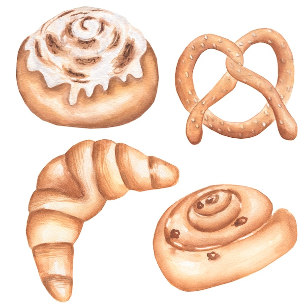 Set of watercolor bakery products illustrations