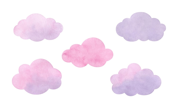 Photo 白い背景に手描きの雨滴を描いた水彩の青い灰色の雲のセット