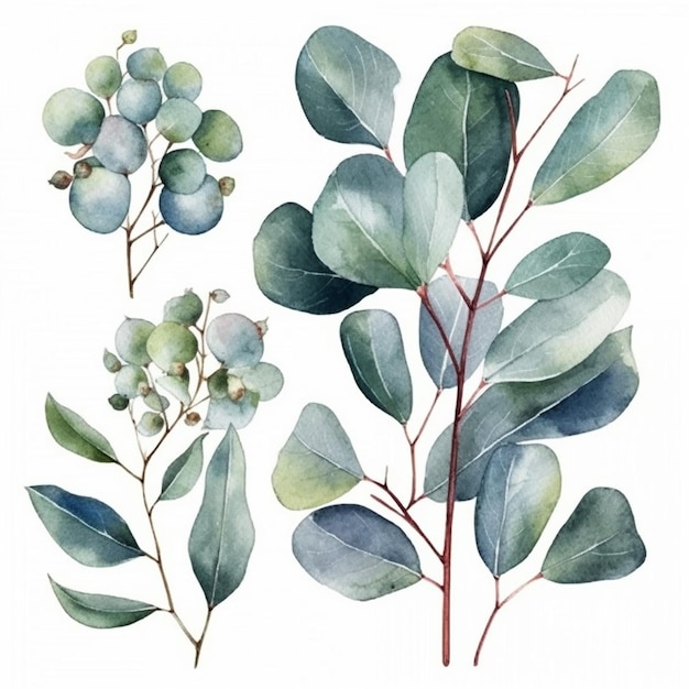 水彩植物イラストのユーカリの緑の植物と葉のセット