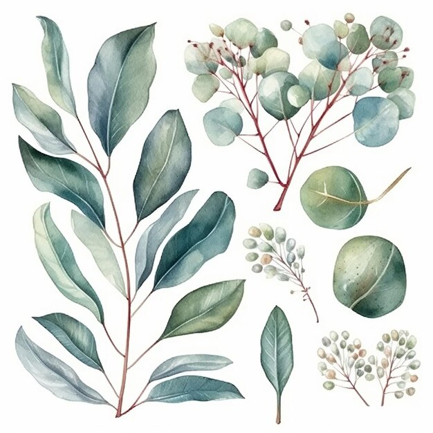 A set of watercolor botanical illustrations eucalyptus green plant and leaves