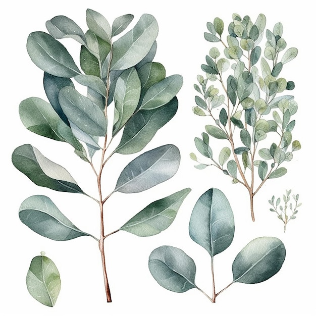 A set of watercolor botanical illustrations eucalyptus green plant and leaves