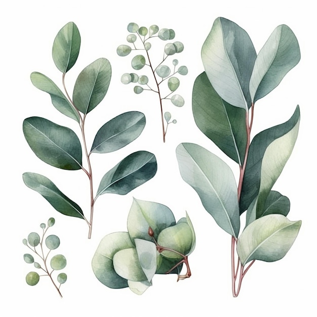 Photo a set of watercolor botanical illustrations eucalyptus green plant and leaves