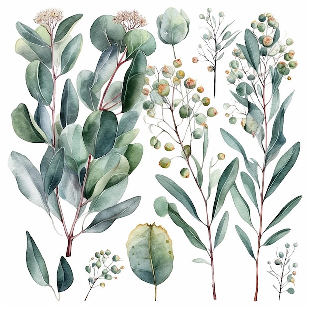 A set of watercolor botanical illustrations eucalyptus green plant and leaves