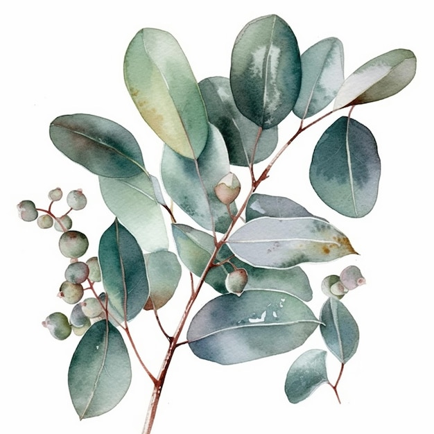 수채화 식물 삽화 유칼립투스 녹색 식물과 잎의 세트