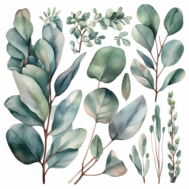 수채화 식물 삽화 유칼립투스 녹색 식물과 잎의 세트