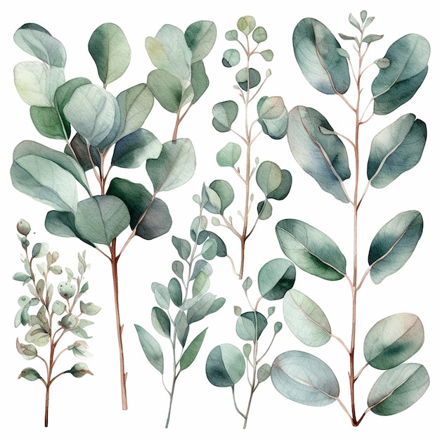Набор акварельных ботанических иллюстраций эвкалипта, зеленых растений и листьев