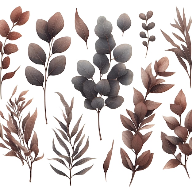 水彩の茶色と灰色のユーカリの葉のセット 白い背景の水彩のイラスト