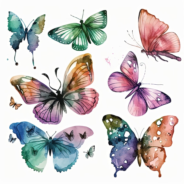 A set of watercolor butterflies with the word butterfly on the bottom.