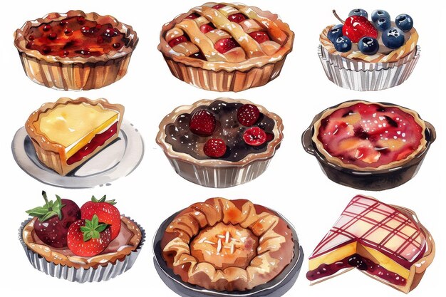 Photo set of watercolor cartoon illustrations of berry tart pies isolated on white background ideal for sticker or collage design