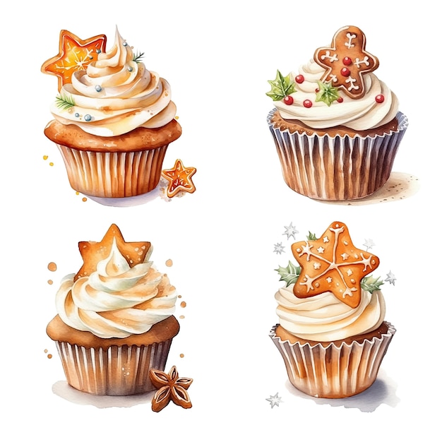 Set of watercolor christmas cupcakes with gingerbread cookie isolated on white background Generative ai