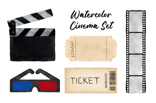 Photo set of watercolor cinema elements movie clapper board ticket glass film tape isolated on whitexa