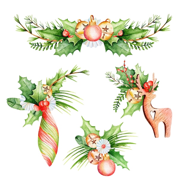 Set of watercolor compositions Christmas decorations twigs holly leaves bells berries deer