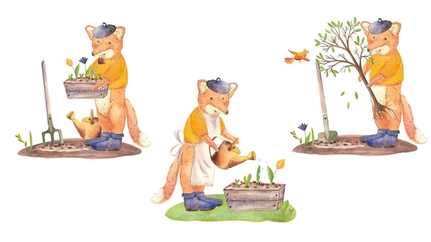 A set of watercolor compositions with a fox, planting trees, watering, flowers, cutting bushes