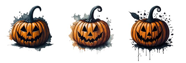 Set of watercolor cute halloween pumpkins on transparent background ai generated