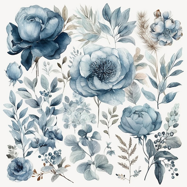 A set of watercolor dusty flowers with leaves and flowers