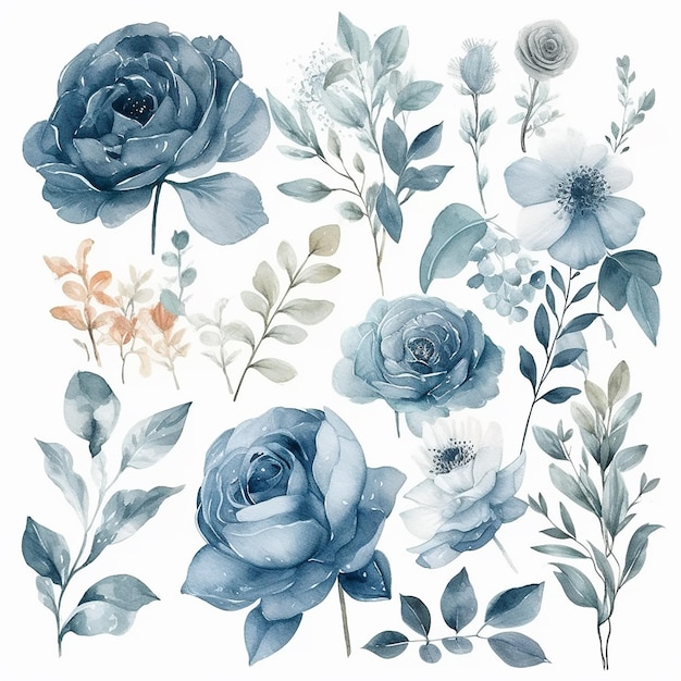 A set of watercolor dusty flowers with leaves and flowers