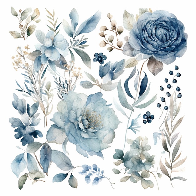 A set of watercolor dusty flowers with leaves and flowers