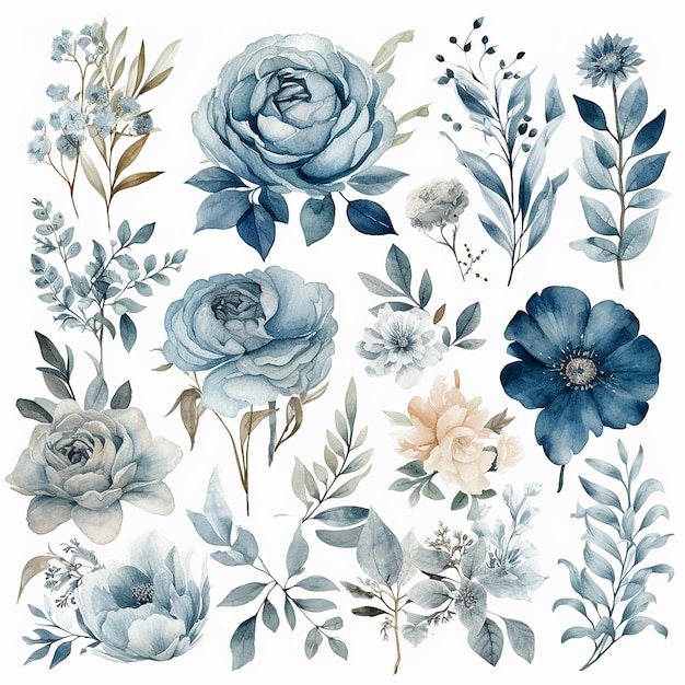A set of watercolor dusty flowers with leaves and flowers