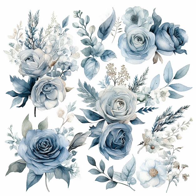 A set of watercolor dusty flowers with leaves and flowers