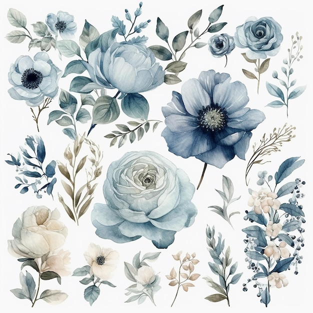 A set of watercolor dusty flowers with leaves and flowers