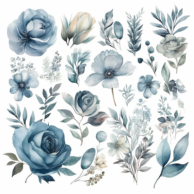 A set of watercolor dusty flowers with leaves and flowers