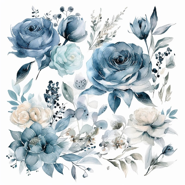 A set of watercolor dusty flowers with leaves and flowers