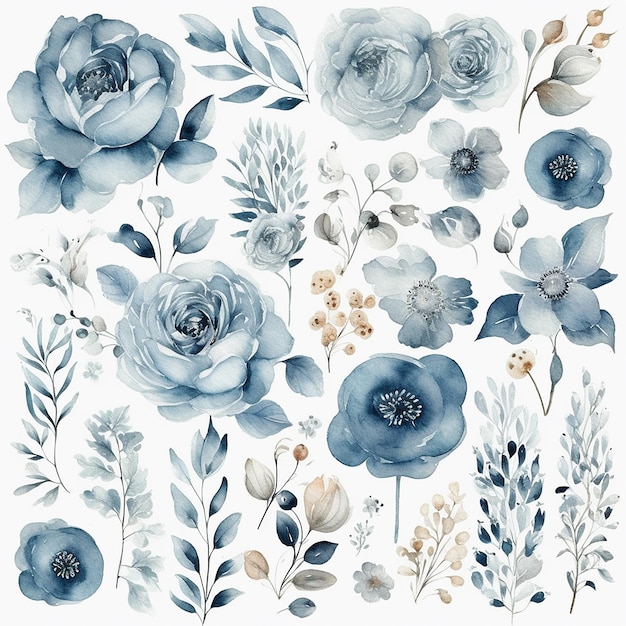 A set of watercolor dusty flowers with leaves and flowers