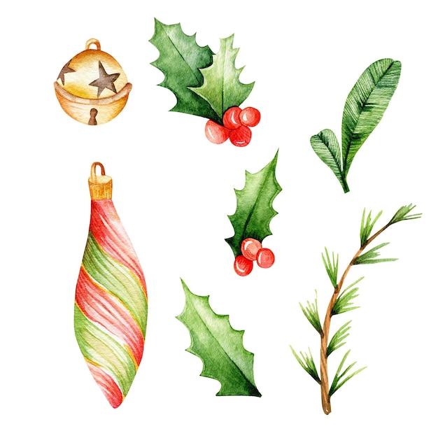 Photo set of watercolor elements christmas toy bells fir branch holly leaves on a white background